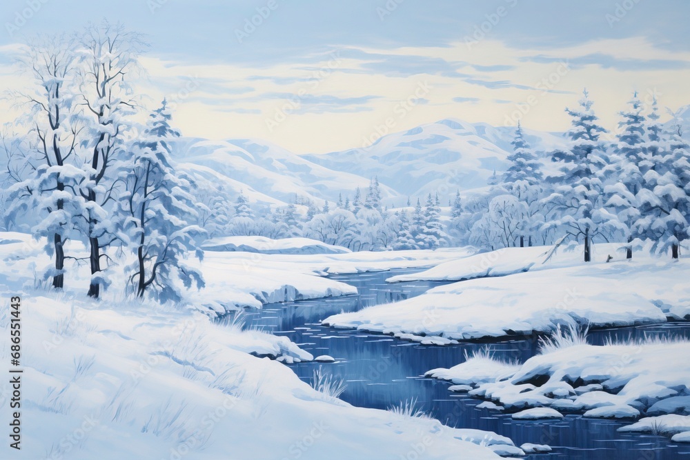 A monochromatic blue painting of a winter landscape with generative ai A monochromatic blue painting of a winter landscape with generative ai