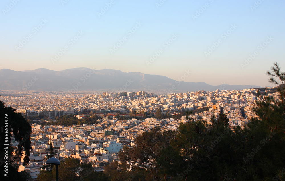 Panorama of Athens from Mount Likabet at sunset, Greece