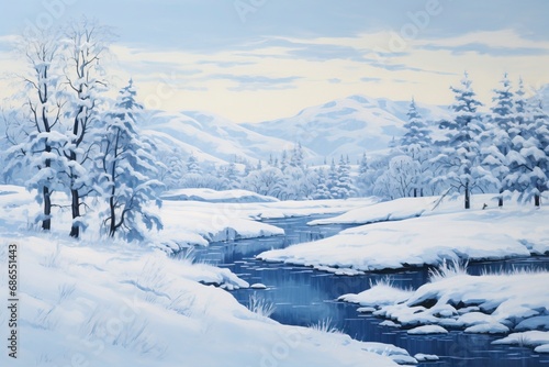 A monochromatic blue painting of a winter landscape with generative ai