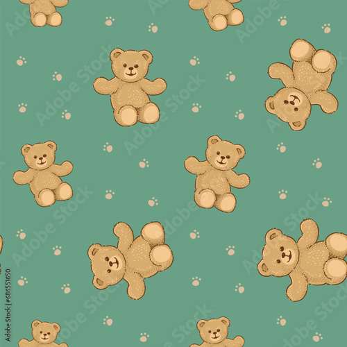 Teddy Bear pattern cartoon style with pastel background color, adorable, cute, and funny