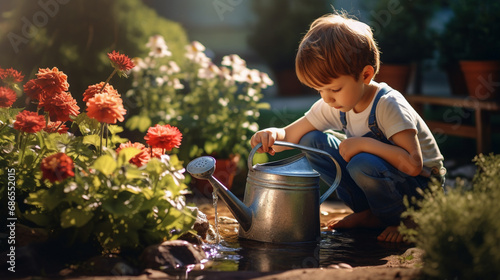 Children's gardening. A little boy with a watering can in a blooming sunny garden.