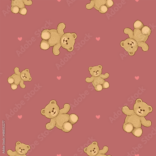 Teddy Bear pattern cartoon style with pastel background color, adorable, cute, and funny