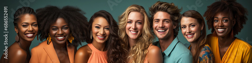 Smiling group of people of different races on blue isolated background photo
