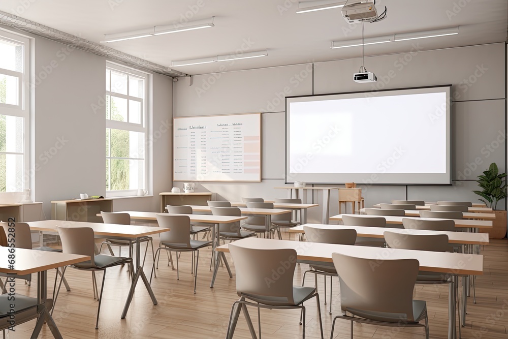 An educational classroom with modern furniture, whiteboard, and desks, ready for learning and lectures.