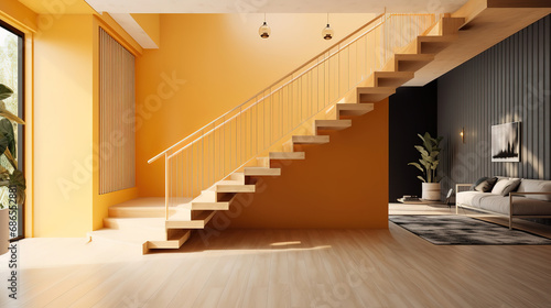 Interior of modern hall with staircase 3d rendering. Generative Ai