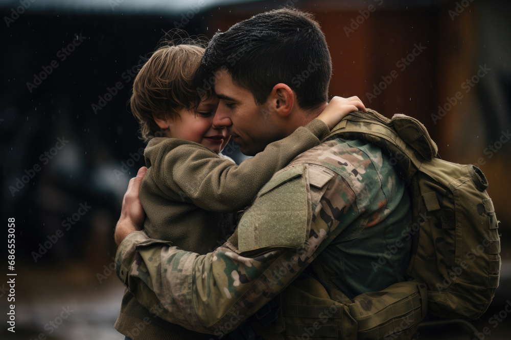 A soldier father in camouflage uniform embraces his son outdoors, celebrating a heartwarming reunion. A soldier father in camouflage uniform embraces his son outdoors, celebrating a heartwarming reunion.