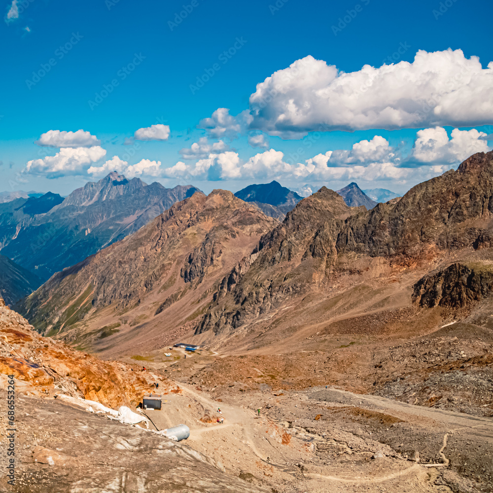 Alpine summer view at the famous Stubai Glacier, Mutterbergalm, Stubaital valley, Innsbruck, Austria Alpine summer view at the famous Stubai Glacier, Mutterbergalm, Stubaital valley, Innsbruck, Austria