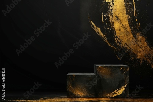 黒背景にグランジ質感の金色の装飾がある二つの四角い展示台がある抽象和風バナー