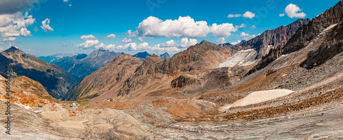 High resolution stitched alpine summer panorama at the famous Stubai Glacier, Mutterbergalm, Stubaital valley, Innsbruck, Austria