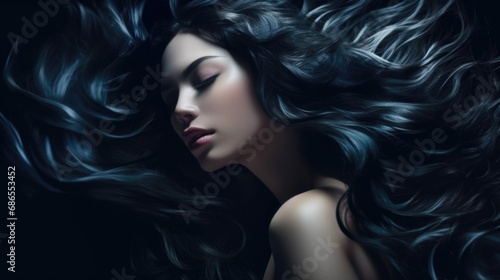 Ethereal Beauty Captured in Flowing Dark Luminous Hair Portrait.