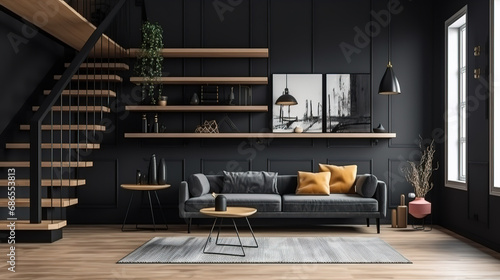 Interior with black sofa and ladder shelf in modern living room with wooden. Generative Ai
