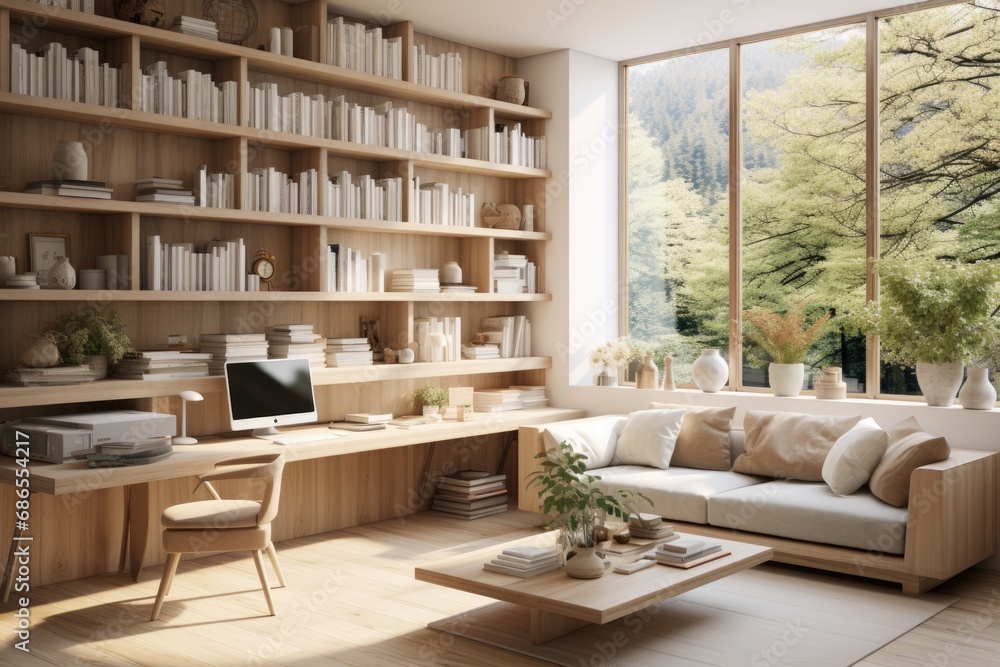 A white and wooden living room with bookshelves A white and wooden living room with bookshelves