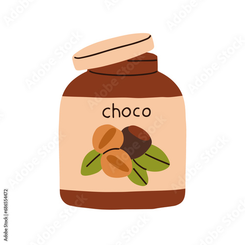 Chocolate spread in jar. Choco and hazelnut paste in bottle. Cocoa and nut cr...