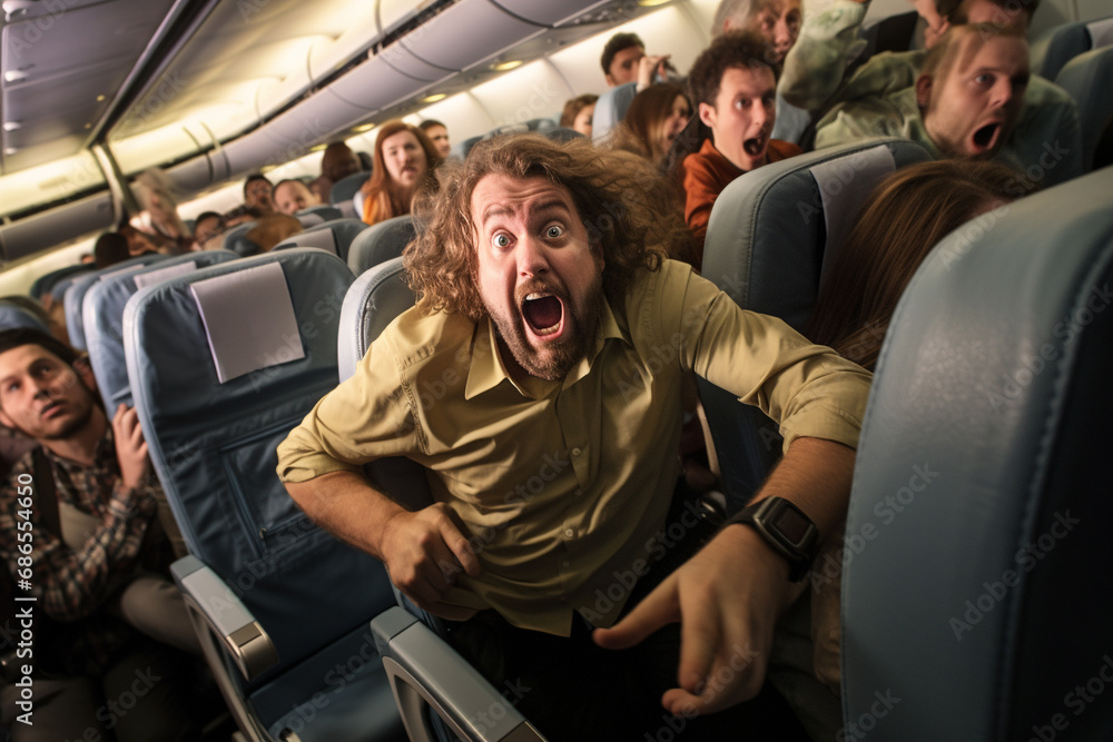 Chaos Unleashed as Passengers React to Airplane Turbulence in a Plane. Ai generated - obrazy, fototapety, plakaty 