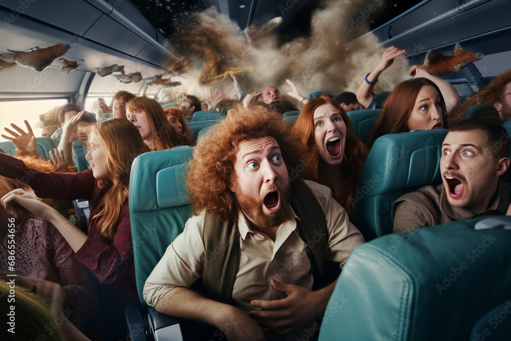 Chaos Unleashed as Passengers React to Airplane Turbulence in a Plane. Ai generated - obrazy, fototapety, plakaty 
