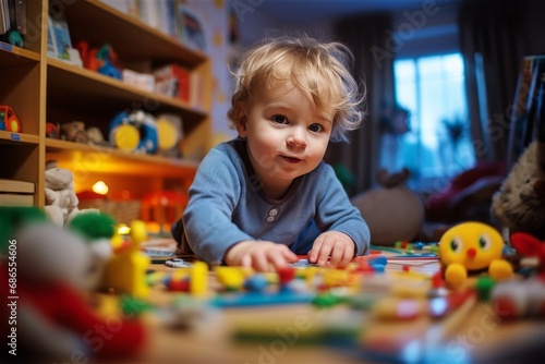 Cute happy infant baby crawling at home, playing with toys
