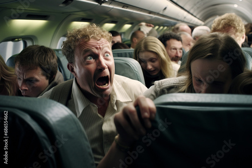 Chaos Unleashed as Passengers React to Airplane Turbulence in a Plane. Ai generated