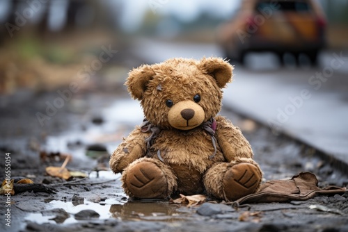 Dirty teddy bear toy lies outdoors on the road. AI Generated © dark_blade