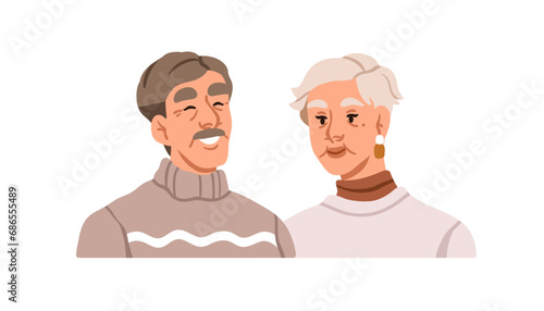 Old couple. Happy senior people, married elderly man and woman. Aged husband and wife, spouse portrait. Older retired male and female characters. Flat vector illustration isolated on white background