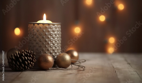 Candle with Christmas Ball and Cones on Wooden Table with Bokeh Light