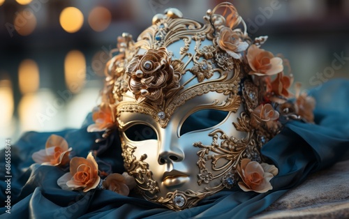 Elegant Venetian Mask with Ornate Gold Detailing,close up