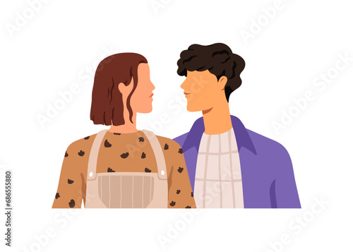 Love couple, young man and woman looking at each other in silence. People faces meeting. Romantic relationship, communication concept. Flat graphic vector illustration isolated on white background