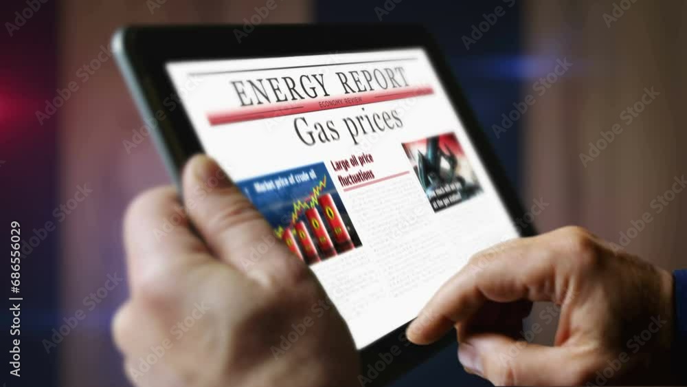 Gas prices energy market and fuel business daily newspaper reading on mobile tablet computer screen. Man touch screen with headlines news abstract concept 3d.