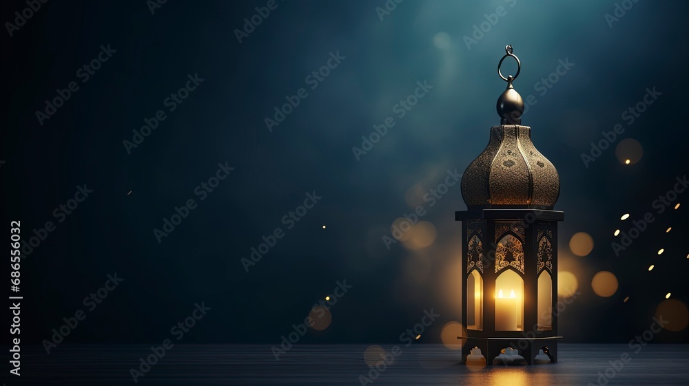 Fototapeta premium Ramadan kareem islamic mosque lantern with moon, Eid mubarak greeting, copy space with generative ai