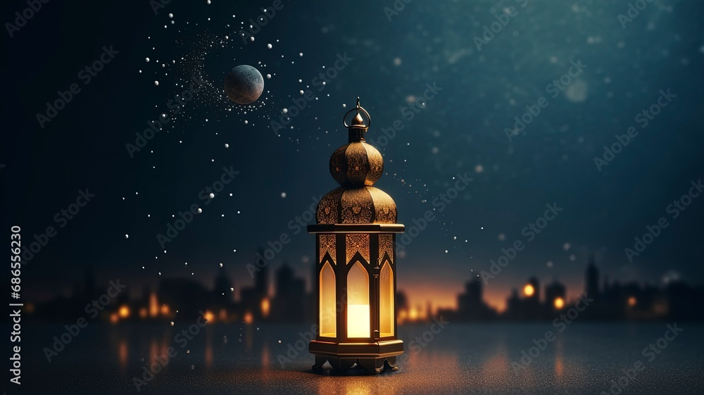 Ramadan kareem islamic mosque lantern with moon, Eid mubarak greeting, copy space with generative ai Ramadan kareem islamic mosque lantern with moon, Eid mubarak greeting, copy space with generative ai