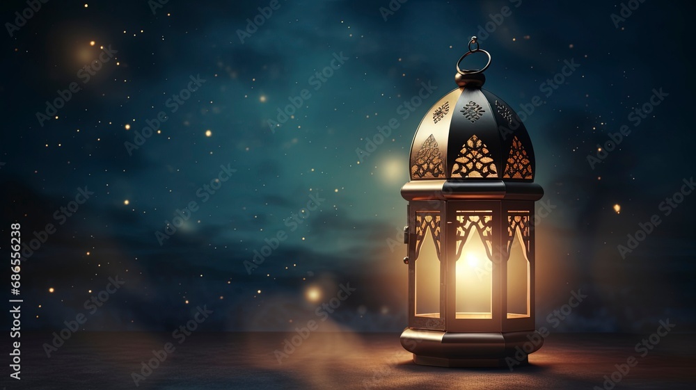 Ramadan kareem islamic mosque lantern with moon, Eid mubarak greeting, copy space with generative ai Ramadan kareem islamic mosque lantern with moon, Eid mubarak greeting, copy space with generative ai
