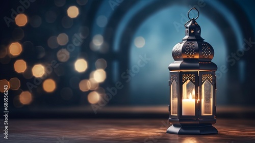 Ramadan kareem islamic mosque lantern with moon, Eid mubarak greeting, copy space with generative ai