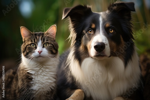 A cute border collie and a kitten lying together on the green lawn.