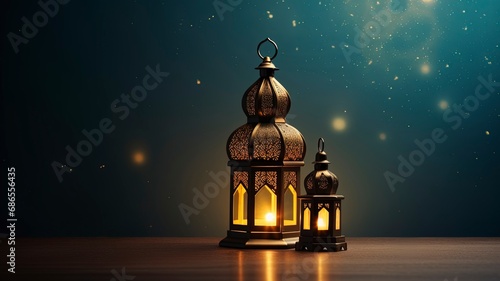 Ramadan kareem islamic mosque lantern with moon  Eid mubarak greeting  copy space with generative ai