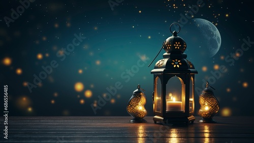 Ramadan kareem islamic mosque lantern with moon  Eid mubarak greeting  copy space with generative ai