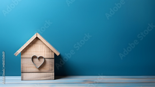 Home sweet home, house wood with heart shape on wooden and blue background. generative ai. © raza