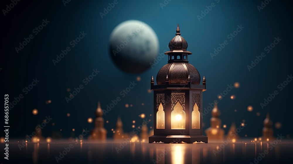 Ramadan kareem islamic mosque lantern with moon, Eid mubarak greeting, copy space with generative ai