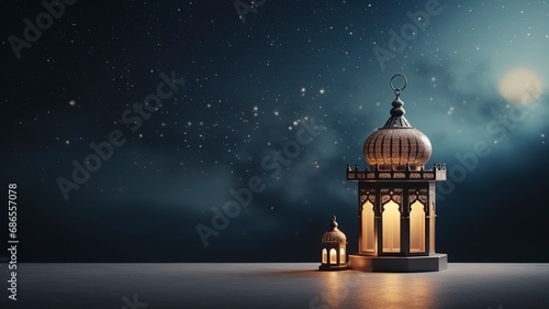 Ramadan kareem islamic mosque lantern with moon, Eid mubarak greeting, copy space with generative ai © ImronDesign