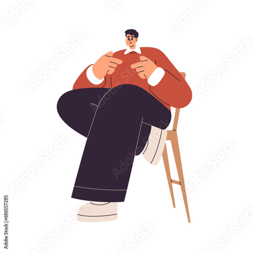 Young man sitting in chair, gesturing with hands, talking, explaining. Smiling business character, employee in seated position, speaking. Flat vector illustration isolated on white background