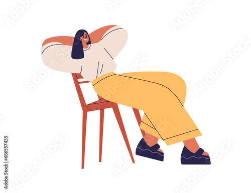 Young relaxed woman sitting back on chair, swinging, leaning on chairback. Carefree confident girl in seated open pose. Happy female resting. Flat vector illustration isolated on white background