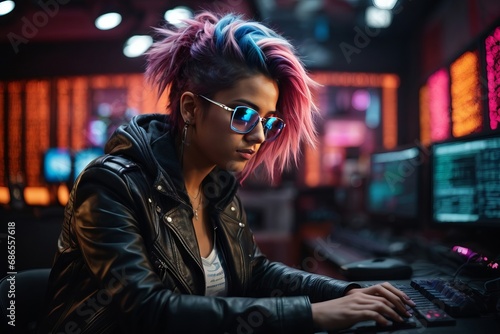 A beautiful smart informal hacker woman with bright dyed pink hair and wearing sunglasses, a black leather jacket works on a computer, hacks websites. Cybercrime, illegal actions concepts.