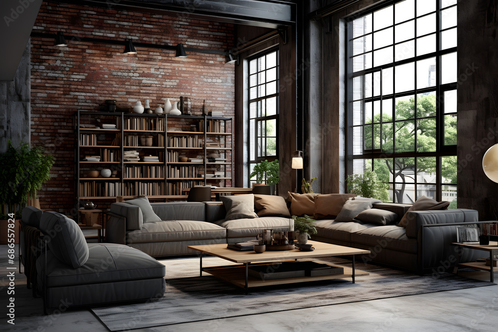 Living room interior in loft, industrial style 3d rendering. generative ai. Living room interior in loft, industrial style 3d rendering. generative ai.