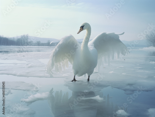 White swans by the lake in winter,created with Generative AI tecnology.