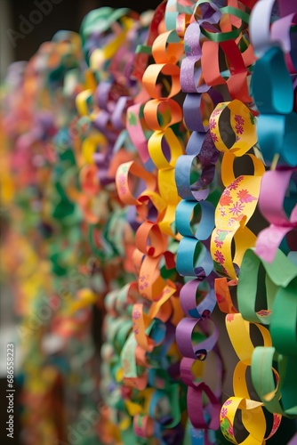 Handmade with children colorful paper chains  as decor for home  Christmas tree  or Jewish Sukkot celebration. Vibrant DIY crafts add festive charm and personalized flair to holiday decor.