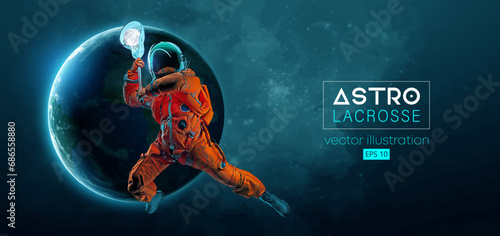 Abstract silhouette of a lacrosse player astronaut in space action and Earth, Mars, planets on the background of the space. Lacrosse player astronaut are throws the ball. Vector 3d render illustration