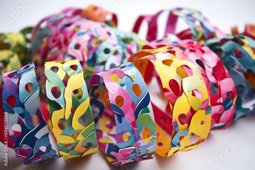 Handmade with children colorful paper chains, as decor for home, Christmas tree, or Jewish Sukkot celebration. Vibrant DIY crafts add festive charm and personalized flair to holiday decor.