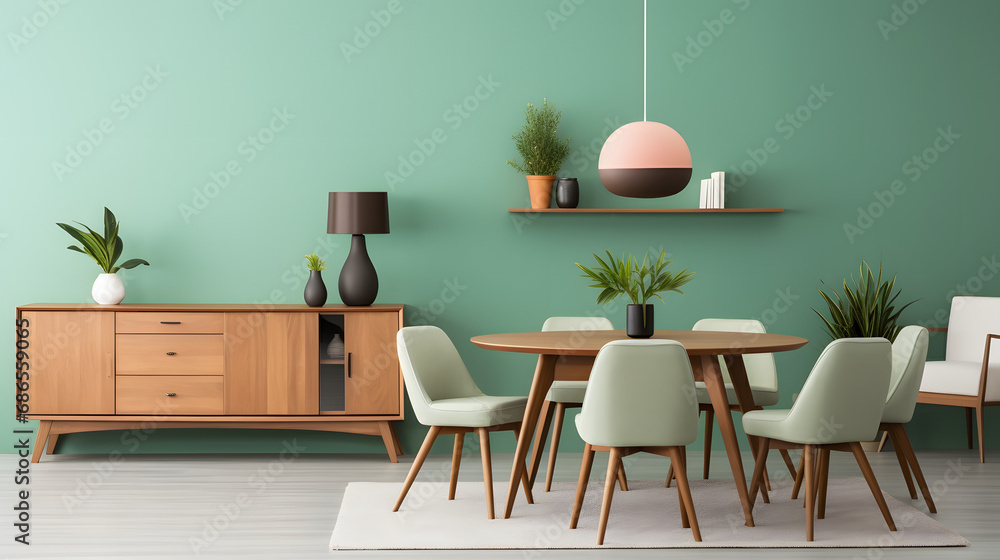 Mint color chairs at round wooden dining table in room with sofa and cabinet near green wall. generative ai. Mint color chairs at round wooden dining table in room with sofa and cabinet near green wall. generative ai.