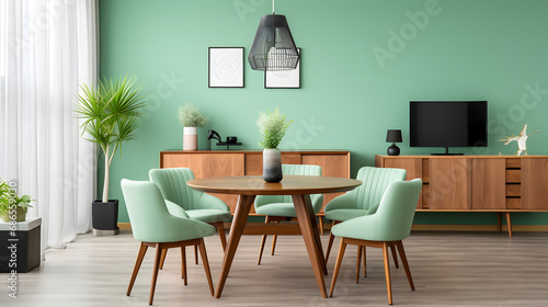 Mint color chairs at round wooden dining table in room with sofa and cabinet near green wall. generative ai.