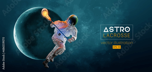 Abstract silhouette of a lacrosse player astronaut in space action and Earth, Mars, planets on the background of the space. Lacrosse player astronaut are throws the ball. Vector 3d render illustration