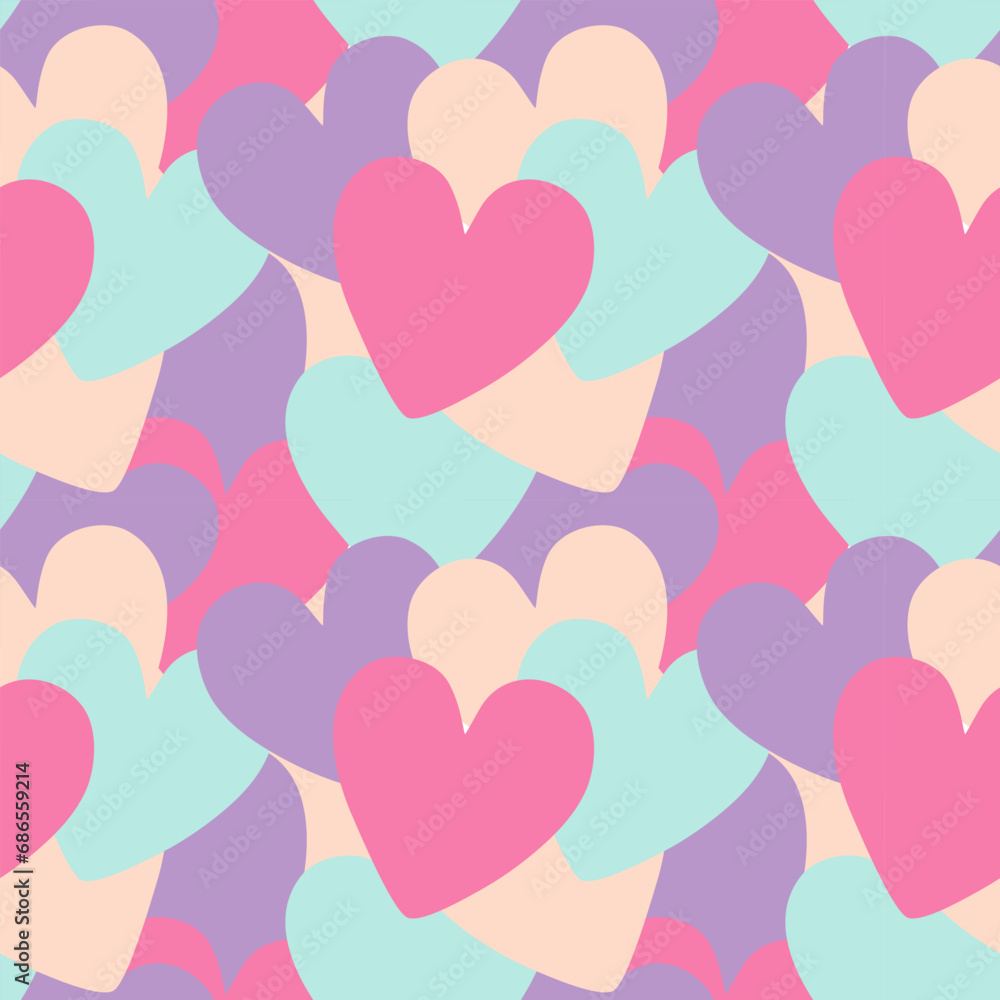 Love pattern for Valentines Day with hearts, pastel colors, blue, pink, red, purple. Love pattern for Valentines Day with hearts, pastel colors, blue, pink, red, purple.