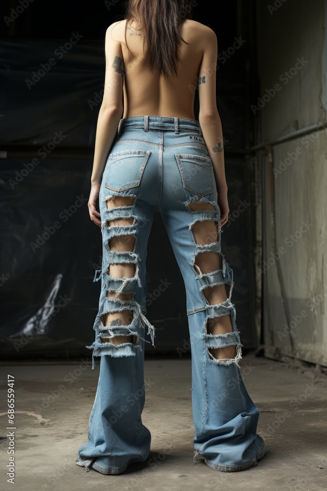 Wide-Leg Jeans Trousers with Neutral Style, Embracing Edgy Charm with Rips and Holes Wide-Leg Jeans Trousers with Neutral Style, Embracing Edgy Charm with Rips and Holes